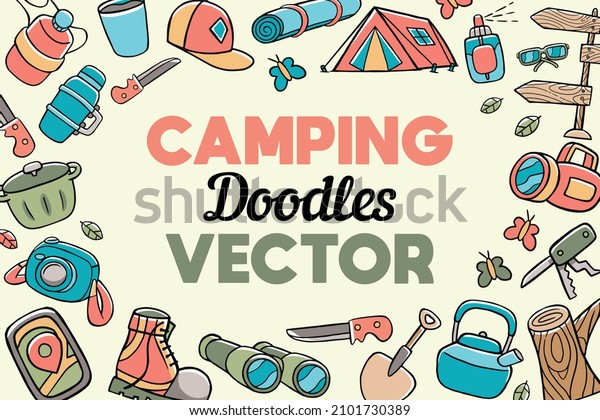 camping\
doodles vector background in cartoon\
style