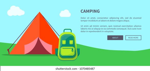 Camping drawing depicting tent made of red fabric with half opened doors with green-colored backpack near it vector illustration with place for text.