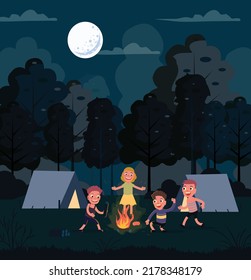 Camping drawing joyful children night moon cartoon design