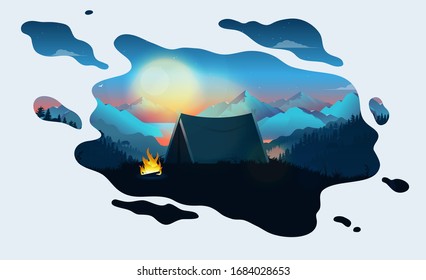 Camping dream - a dreamy scene with tent and fireplace at sunrise. Dreaming of hiking, freedom and recreation concept. Vector illustration.