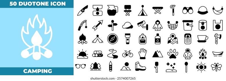 Camping Duotone Editable Icons set. Vector illustration in modern thin duotone style of camping icons: Camp, tent, fishing, nature, picnic table, etc