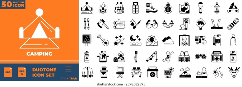Camping Duotone Editable Icons set. Vector illustration in modern thin duotone style of camping icons: Camp, tent, fishing, nature, picnic table, etc