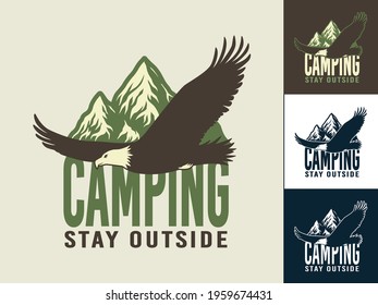Camping eagle, mountain and rock for outdoor travel expedition or t-shirt print, emblem. Set of camp