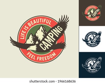 Camping eagle, mountain and rock for outdoor travel expedition or t-shirt print, emblem. Set of camp