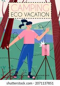 Camping, eco vacation poster template. Tourist takes picture or makes video blog about traveling vector flat illustration. Hiker shooting photos and videos in the forest.