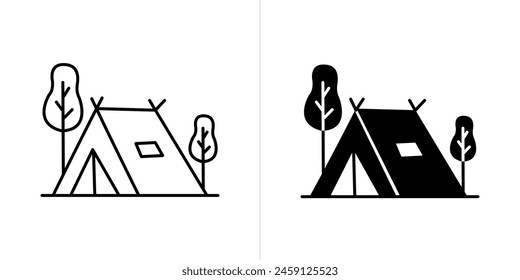 Camping-bearbeitbare Strich- und durchgezogenes Web-Icon-Set. Vektorillustration