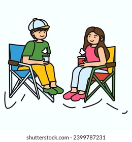 Camping element of colorful set. A camping-themed illustration with outlined design of two friends spending quality time together capture the essence of relaxation. Vector illustration.