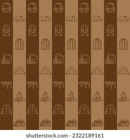 Camping element line art block pattern seamless vector on brown background , camping pattern seamless wallpaper