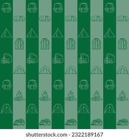 Camping element line art block pattern seamless vector on green background , camping pattern seamless wallpaper