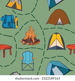 Camping element pattern seamless vector on green background , camping pattern seamless wallpaper