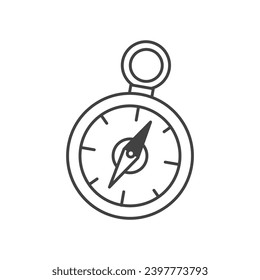 Camping element of set in black line design. Engaging camping illustration feature a black-outlined compass, symbolizing the exploration and navigation of the great outdoors. Vector illustration.