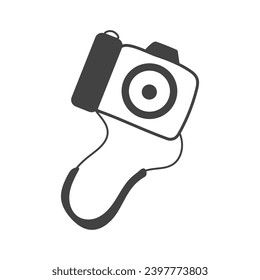 Camping element of set in black line design. The camera in this picture is taken on hikes and camping trips to capture beautiful landscapes and fun moments. Vector illustration.