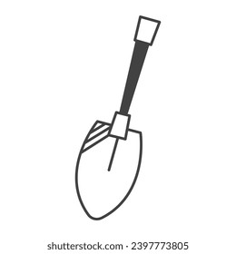 Camping element of set in black line design. The shovel shown in the illustration is a tool without which you cannot go on hikes and trips. Vector illustration.