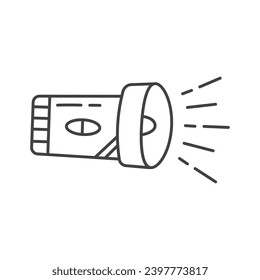Camping-Element von Set in schwarzer Linie Design. Eine Reise-Taschenlampe ist ein kompaktes Merkmal eines potenziellen Reisenden, weil sie den Weg beleuchtet. Vektorgrafik.