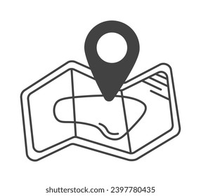 Elemento de acampar del conjunto en diseño de línea negra. Camping con un mapa y un puntero delineados en negro está listo para explorar nuevos destinos en el desierto. Ilustración vectorial.