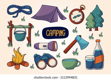 Camping Element set with colored hand drawn lineal doodle design