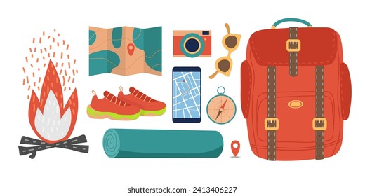 Camping element set. Navigation instruments and accessories for hiking. Backpack, sleeping mat, sneakers, camera, compass, bonfire, maps. Flat vector illustration for travel, nikes, tourism, vacation.