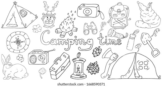 Camping elements. Big set of doodle. Forester, tent, hare, fox, flashlight, backpack, radio, ax, shovel, bottle, compass, binoculars, bonfire, first aid kit. Hand drawn vector isolated on a white.