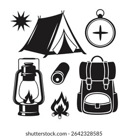Camping elements black and white vector illustration featuring tent compass backpack and fire