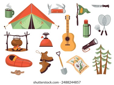 Elementos de camping. Kit de senderismo de dibujos animados. Hoguera del camping. Tienda y mapa. Viaje a la naturaleza. Accesorios de supervivencia para viajes. Guitarra y saco de dormir Ropa de turista. Espléndido