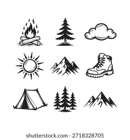 Camping elements a collection of outdoor icons and nature sketches