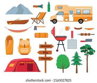 Camping elements equipment set isolated on white background. Big collection icons for Sports, adventures in nature, recreation and tourism concept design. Vector illustration.