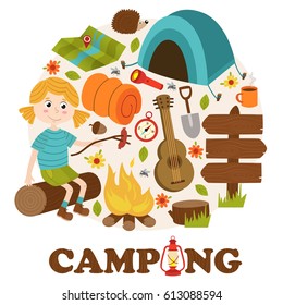 camping elements and girl  - vector illustration, eps
