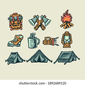Camping elements, hand drawn line style with digital color, vector illustration