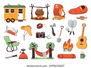 Camping elements. Hiking equipment. Outdoor recreation. Tourists accessories. Sleeping bag. Picnic to nature. Campground tent. Backpack and guitar. Pan on campfire