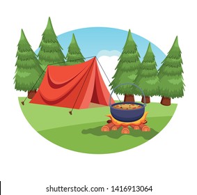 camping elements like camping tent, and cooking pot in a rural landscape