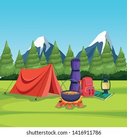 camping elements like camping tent, sleeping bag, lantern, cooking pot in a rural landscape