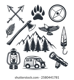 Camping elements of outfit for hiking vector illustration.
