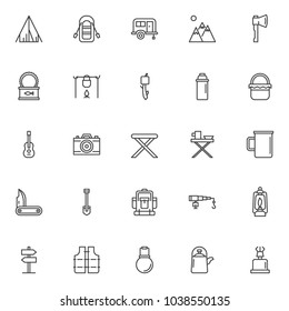 Camping elements outline icons set. linear style symbols collection, line signs pack. vector graphics. Set includes icons as  tent, Inflatable boat with oars, camping trailer, axe