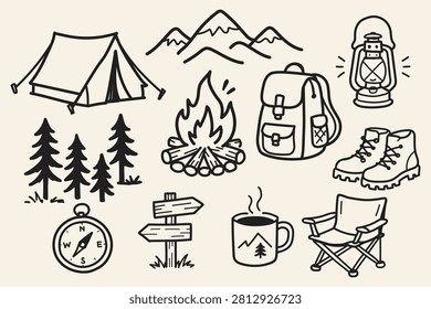 Camping Elements Outline Sketch Vector Illustration Set with Tent, Campfire, Backpack, Lantern, Compass, Mountains, Hiking Boots, Forest Trees and Outdoor Adventure Equipment