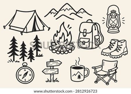Camping Elements Outline Sketch Vector Illustration Set with Tent, Campfire, Backpack, Lantern, Compass, Mountains, Hiking Boots, Forest Trees and Outdoor Adventure Equipment