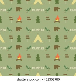 Camping elements pattern. Camping seamless wallpaper design. Equipment for camping background for print. Adventure or camping gear pattern- tent, bear, tree, bonfire. Nature pattern design. Vector.
