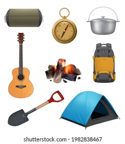 Camping elements. Realistic campfire tent guitar backpack for travellers decent vector set pictures collection adventures symbols