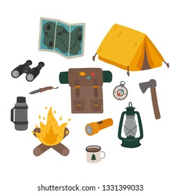 Camping elements set in circle cute vector illustration outdoor tourism journey travel