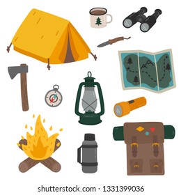 Camping elements set cute vector illustration outdoor tourism journey travel