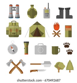 Camping elements. Set of hiking equipment and gear for forest camp. Vector icon collection: binoculars, flashlight, lantern, knife, compass, backpack and cartoon character.