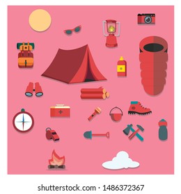 Camping elements. Set of camping objects, tent, trailer, backpack, shoes, camera, fire, glass, guitar, gas balloon, map, compass, binoculars, axe. Design elements vector illustration flat. 