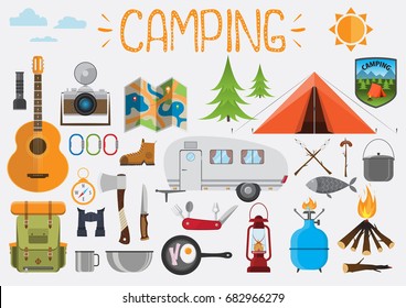 Camping elements. Set of camping objects, tent, trailer, backpack, guitar, camera, fire, bowl, guitar, gas balloon, map, compass, binoculars, axe. Design elements vector illustration flat.

