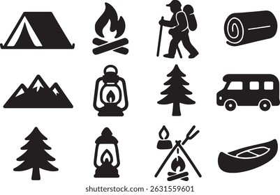 Camping elements set silhouette vector illustration on white background	
