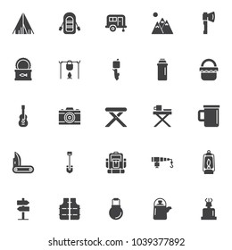 Camping elements vector icons set, modern solid symbol collection, filled style pictogram pack. Signs, logo illustration. Set includes icons as tent, Inflatable boat with oars, camping trailer, axe