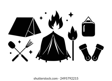 Camping Elements Vector Illustration: Tents, Campfires, Marshmallows, Backpacks, Sleeping Bags - Vector Art, Cartoon, Clipart, Line Art Design