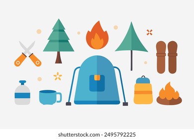 Elementos de camping Ilustración vectorial: Carpas, Fogatas, Malvaviscos, Mochilas, Sacos de dormir - Arte vectorial, Dibujos animados, Clipart, Diseño de arte de línea