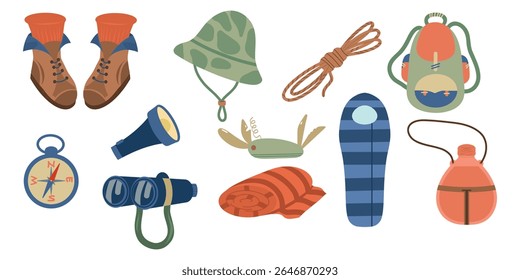 Camping elements vector set. Hiking and camping set. Camping boots, binoculars, sleeping bag, rope, flashlight, backpack, compass, flask, blanket, swiss knife, khaki panama hat
