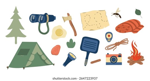 Conjunto de vetores de elementos Camping. Conjunto de caminhadas e acampamento. Tenda de acampamento, câmera, árvore, manta rolada, folha, mosquito, mapa, ovo frito, panela, fogueira, carne, binóculos, gps, machado, lanterna, corda