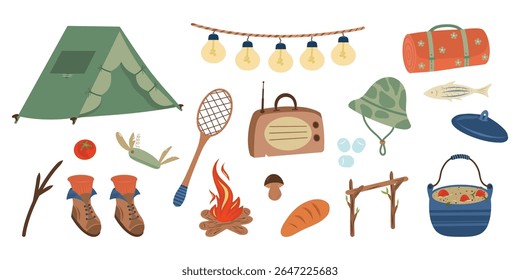 Camping elements vector set. Hiking and camping set. Camping tent, boots, stick, fish, pan, campfire, swiss knife, khaki panama hat, lamps, mushroom, badminton racket, picnic blanket,  retro radio