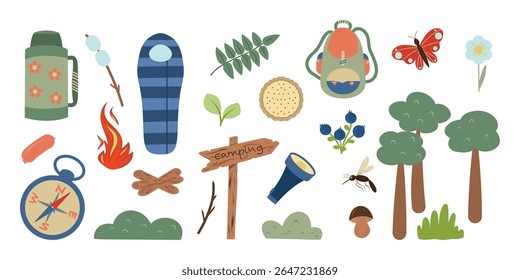 Conjunto de vetores de elementos Camping. Conjunto de caminhadas e acampamento. Bússola, cogumelo, árvore, térmicas, marshmallow, borboleta, flor, bagas, mosquito, saco de dormir, sinal de madeira, lâmpada